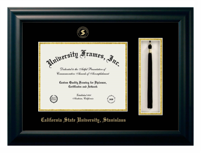 California State University, Stanislaus Diploma with Tassel Box Frame in Satin Black with Black & Gold Mats for DOCUMENT: 8 1/2"H X 11"W  