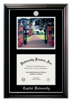 Double Opening with Campus Image (Stacked) Frame in Classic Ebony with Silver Trim with Black & Silver Mats for DOCUMENT: 8 1/2"H X 11"W  