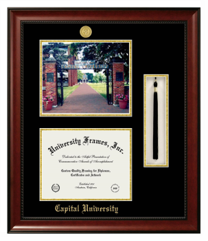 Double Opening with Campus Image & Tassel Box (Stacked) Frame in Avalon Mahogany with Black & Gold Mats for DOCUMENT: 8 1/2"H X 11"W  