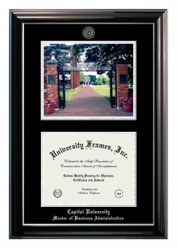 Double Opening with Campus Image (Stacked) Frame in Classic Ebony with Silver Trim with Black & Silver Mats for DOCUMENT: 8 1/2"H X 11"W  