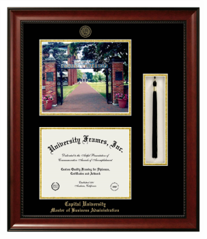 Double Opening with Campus Image & Tassel Box (Stacked) Frame in Avalon Mahogany with Black & Gold Mats for DOCUMENT: 8 1/2"H X 11"W  