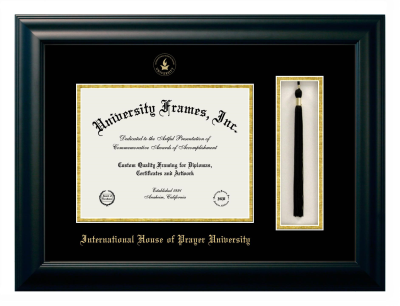 International House of Prayer University Diploma with Tassel Box Frame in Satin Black with Black & Gold Mats for DOCUMENT: 8 1/2"H X 11"W  