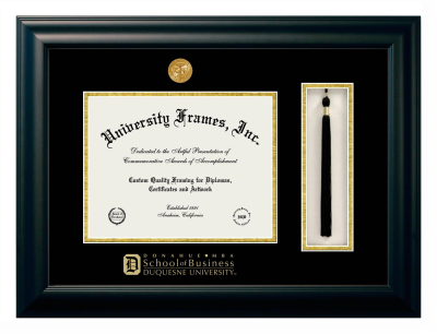 Diploma with Tassel Box Frame in Satin Black with Black & Gold Mats for DOCUMENT: 8 1/2"H X 11"W  