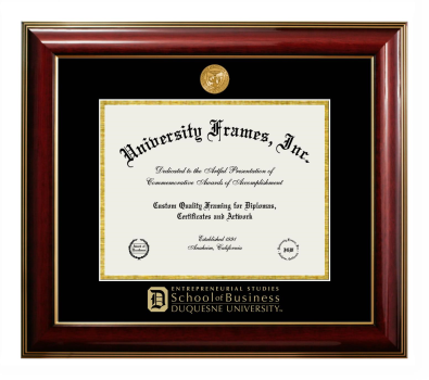 Duquesne University Entrepreneurial Studies School of Business Diploma Frame in Classic Mahogany with Gold Trim with Black & Gold Mats for DOCUMENT: 8 1/2"H X 11"W  