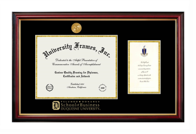 Diploma with Announcement Frame in Petite Mahogany with Gold Trim with Black & Gold Mats for DOCUMENT: 8 1/2"H X 11"W  ,  7"H X 4"W  