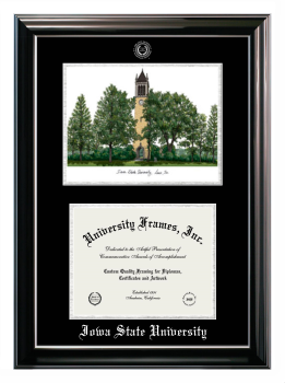 Iowa State University Double Opening with Campus Image (Stacked) Frame in Classic Ebony with Silver Trim with Black & Silver Mats for DOCUMENT: 8 1/2"H X 11"W  