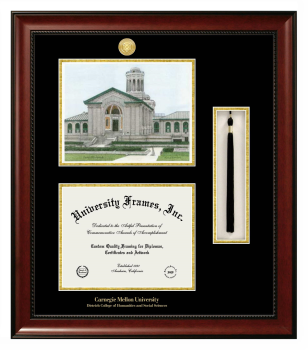 Double Opening with Campus Image & Tassel Box (Stacked) Frame in Avalon Mahogany with Black & Gold Mats for DOCUMENT: 8 1/2"H X 11"W  