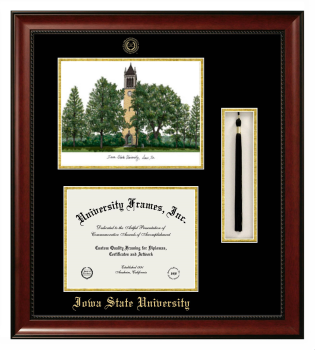 Double Opening with Campus Image & Tassel Box (Stacked) Frame in Avalon Mahogany with Black & Gold Mats for DOCUMENT: 8 1/2"H X 11"W  