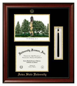 Iowa State University Double Opening with Campus Image & Tassel Box (Stacked) Frame in Avalon Mahogany with Black & Gold Mats for DOCUMENT: 8 1/2"H X 11"W  
