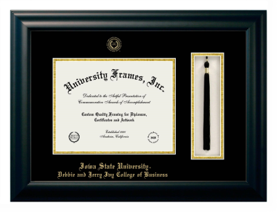 Iowa State University Debbie and Jerry Ivy College of Business Diploma with Tassel Box Frame in Satin Black with Black & Gold Mats for DOCUMENT: 8 1/2"H X 11"W  