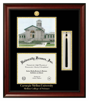 Double Opening with Campus Image & Tassel Box (Stacked) Frame in Avalon Mahogany with Black & Gold Mats for DOCUMENT: 8 1/2"H X 11"W  