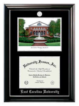 East Carolina University Double Opening with Campus Image (Stacked) Frame in Classic Ebony with Silver Trim with Black & Silver Mats for DOCUMENT: 8 1/2"H X 11"W  