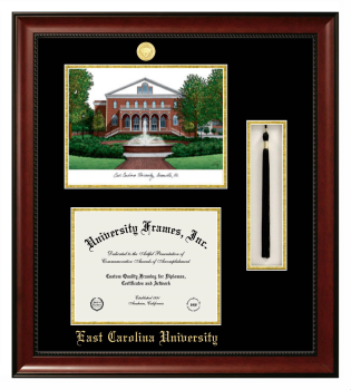 Double Opening with Campus Image & Tassel Box (Stacked) Frame in Avalon Mahogany with Black & Gold Mats for DOCUMENT: 8 1/2"H X 11"W  