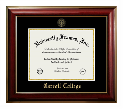 Carroll College Diploma Frame in Classic Mahogany with Gold Trim with Black & Gold Mats for DOCUMENT: 8 1/2"H X 11"W  