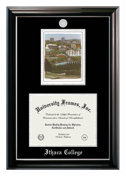 Ithaca College Double Opening with Campus Image (Stacked) Frame in Classic Ebony with Silver Trim with Black & Silver Mats for DOCUMENT: 8 1/2"H X 11"W  