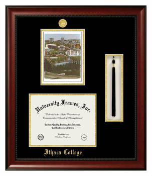 Double Opening with Campus Image & Tassel Box (Stacked) Frame in Avalon Mahogany with Black & Gold Mats for DOCUMENT: 8 1/2"H X 11"W  