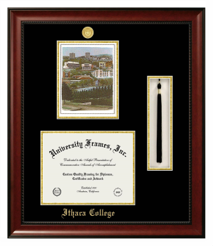 Ithaca College Double Opening with Campus Image & Tassel Box (Stacked) Frame in Avalon Mahogany with Black & Gold Mats for DOCUMENT: 8 1/2"H X 11"W  