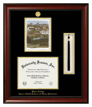 Double Opening with Campus Image & Tassel Box (Stacked) Frame in Avalon Mahogany with Black & Gold Mats for DOCUMENT: 8 1/2"H X 11"W  