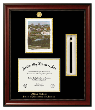 Ithaca College School of Humanities and Sciences Double Opening with Campus Image & Tassel Box (Stacked) Frame in Avalon Mahogany with Black & Gold Mats for DOCUMENT: 8 1/2"H X 11"W  