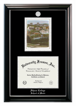 Ithaca College School of Music Double Opening with Campus Image (Stacked) Frame in Classic Ebony with Silver Trim with Black & Silver Mats for DOCUMENT: 8 1/2"H X 11"W  