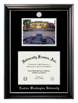 Double Opening with Campus Image (Stacked) Frame in Classic Ebony with Silver Trim with Black & Silver Mats for DOCUMENT: 8 1/2"H X 11"W  