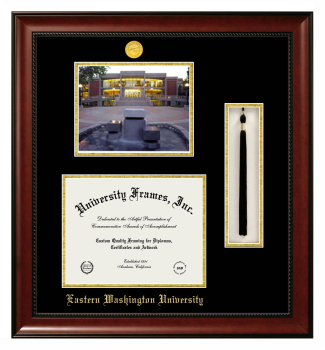 Double Opening with Campus Image & Tassel Box (Stacked) Frame in Avalon Mahogany with Black & Gold Mats for DOCUMENT: 8 1/2"H X 11"W  