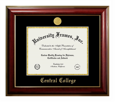 Central College Diploma Frame in Classic Mahogany with Gold Trim with Black & Gold Mats for DOCUMENT: 8 1/2"H X 11"W  