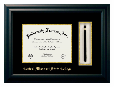 Central Missouri State College Diploma with Tassel Box Frame in Satin Black with Black & Gold Mats for DOCUMENT: 8 1/2"H X 11"W  