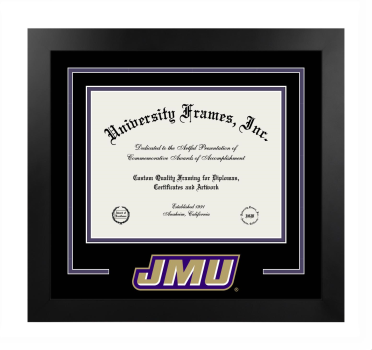 James Madison University Logo Mat Frame in Manhattan Black with Black & Purple Mats for DOCUMENT: 8 1/2"H X 11"W  