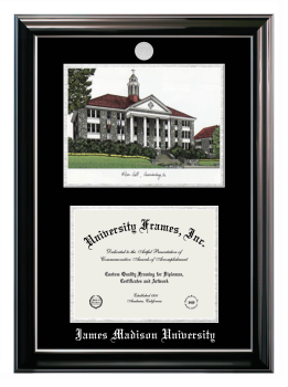 James Madison University Double Opening with Campus Image (Stacked) Frame in Classic Ebony with Silver Trim with Black & Silver Mats for DOCUMENT: 8 1/2"H X 11"W  
