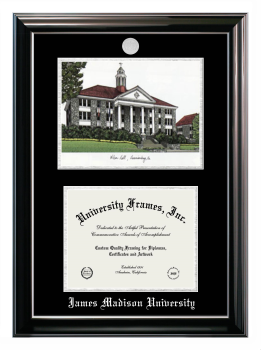 Double Opening with Campus Image (Stacked) Frame in Classic Ebony with Silver Trim with Black & Silver Mats for DOCUMENT: 8 1/2"H X 11"W  