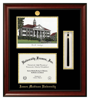 James Madison University Double Opening with Campus Image & Tassel Box (Stacked) Frame in Avalon Mahogany with Black & Gold Mats for DOCUMENT: 8 1/2"H X 11"W  