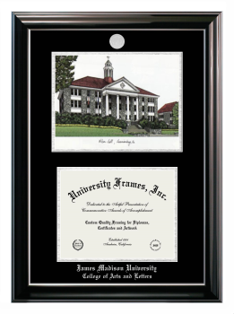 Double Opening with Campus Image (Stacked) Frame in Classic Ebony with Silver Trim with Black & Silver Mats for DOCUMENT: 8 1/2"H X 11"W  