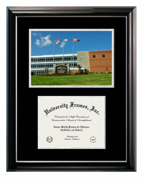 Double Opening with Campus Image (Stacked) Frame in Classic Ebony with Silver Trim with Black & Silver Mats for DOCUMENT: 8 1/2"H X 11"W  