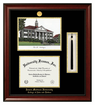 Double Opening with Campus Image & Tassel Box (Stacked) Frame in Avalon Mahogany with Black & Gold Mats for DOCUMENT: 8 1/2"H X 11"W  