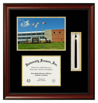 Double Opening with Campus Image & Tassel Box (Stacked) Frame in Avalon Mahogany with Black & Gold Mats for DOCUMENT: 8 1/2"H X 11"W  