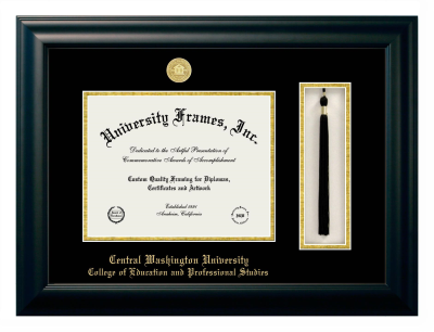 Central Washington University College of Education and Professional Studies Diploma with Tassel Box Frame in Satin Black with Black & Gold Mats for DOCUMENT: 8 1/2"H X 11"W  