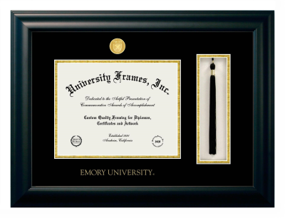 Emory University Diploma with Tassel Box Frame in Satin Black with Black & Gold Mats for DOCUMENT: 8 1/2"H X 11"W  