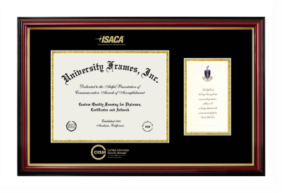 Diploma with Announcement Frame in Petite Mahogany with Gold Trim with Black & Gold Mats for DOCUMENT: 8 1/2"H X 11"W  ,  7"H X 4"W  