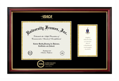 Diploma with Announcement Frame in Petite Mahogany with Gold Trim with Black & Gold Mats for DOCUMENT: 8 1/2"H X 11"W  ,  7"H X 4"W  