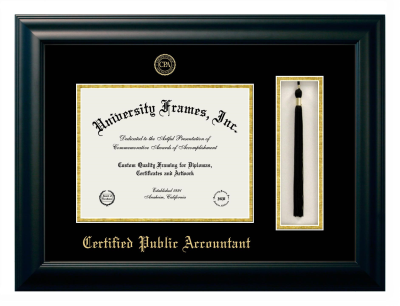 Certified Public Accountant Diploma with Tassel Box Frame in Satin Black with Black & Gold Mats for DOCUMENT: 8 1/2"H X 11"W  