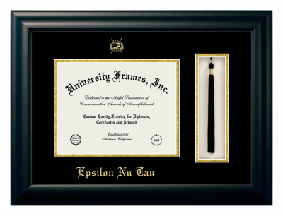 Epsilon Nu Tau Diploma with Tassel Box Frame in Satin Black with Black & Gold Mats for DOCUMENT: 8 1/2"H X 11"W  