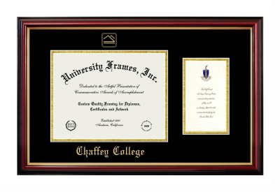 Diploma with Announcement Frame in Petite Mahogany with Gold Trim with Black & Gold Mats for DOCUMENT: 8 1/2"H X 11"W  ,  7"H X 4"W  