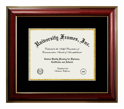 Escuela de Artes Plasticas de Puerto Rico Diploma Frame in Classic Mahogany with Gold Trim with Black & Gold Mats for DOCUMENT: 8 1/2"H X 11"W  