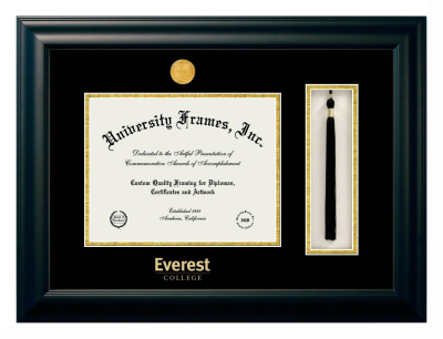 Everest College Diploma with Tassel Box Frame in Satin Black with Black & Gold Mats for DOCUMENT: 8 1/2"H X 11"W  