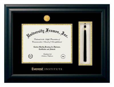 Everest Institute Diploma with Tassel Box Frame in Satin Black with Black & Gold Mats for DOCUMENT: 8 1/2"H X 11"W  