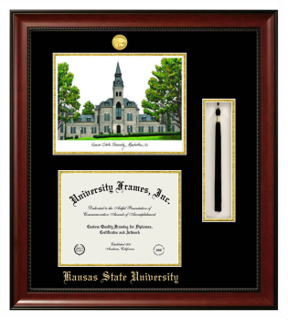 Kansas State University Double Opening with Campus Image & Tassel Box (Stacked) Frame in Avalon Mahogany with Black & Gold Mats for DOCUMENT: 8 1/2"H X 11"W  