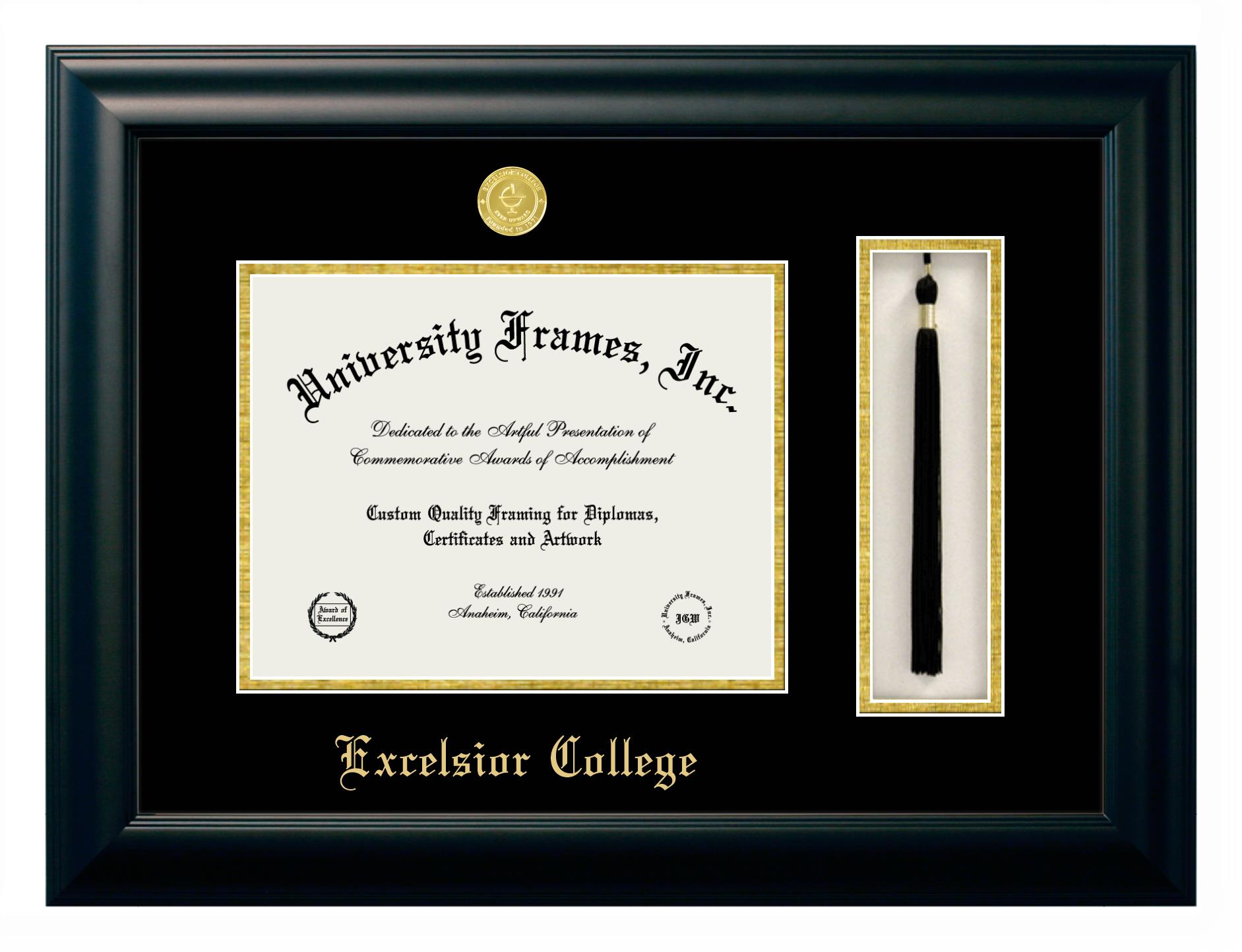 Excelsior College Diploma With Tassel Box Frame In Satin Black With Black Gold Mats