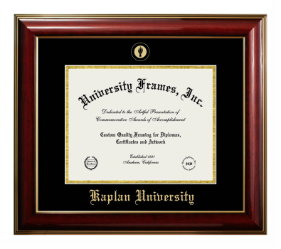 Kaplan University Diploma Frame in Classic Mahogany with Gold Trim with Black & Gold Mats for DOCUMENT: 8 1/2"H X 11"W  