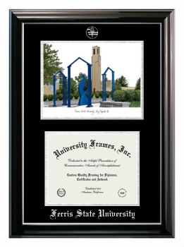 Double Opening with Campus Image (Stacked) Frame in Classic Ebony with Silver Trim with Black & Silver Mats for DOCUMENT: 8 1/2"H X 11"W  